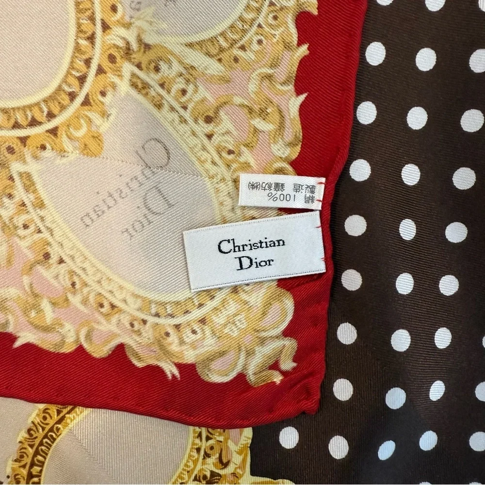 Authentic Christian Dior Brown and Gold Scarf with Red Trim